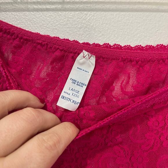 Bestform Vintage 60s Nylon Slip Skirt Lace Trim Fuchsia Midi Lingerie Sz L - Picture 5 of 6